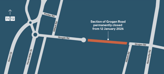 Map of closed section of Grogan Road between Abbott Road and Affleck Road